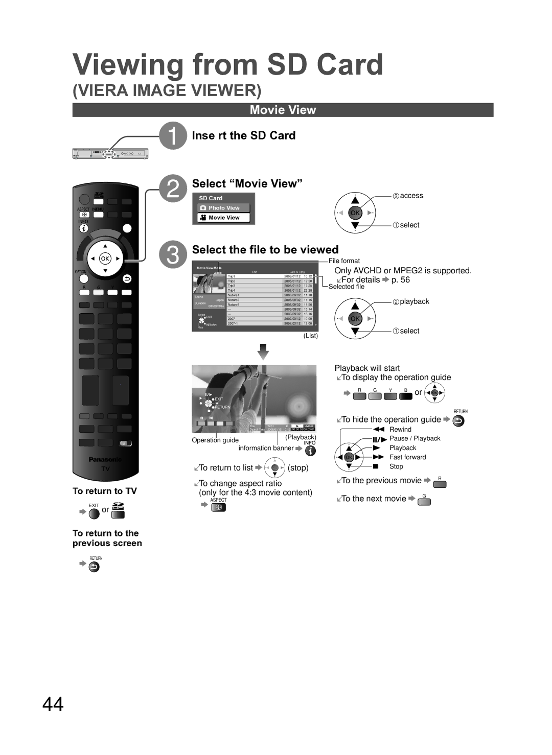 Panasonic TH-P54Z10H manual Movie View, Inse rt the SD Card, Select the file to be viewed, To return to the previous screen 