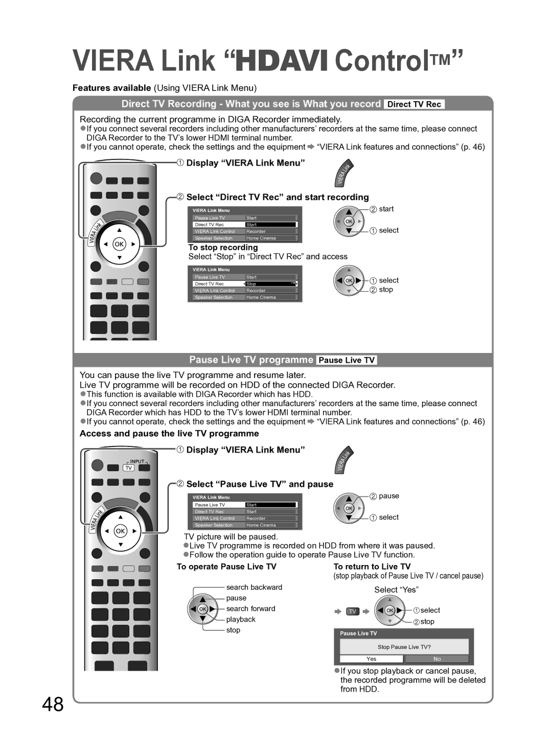 Panasonic TH-P54Z10H manual Pause Live TV programme Pause Live TV, Display Viera Link Menu, Select Pause Live TV and pause 