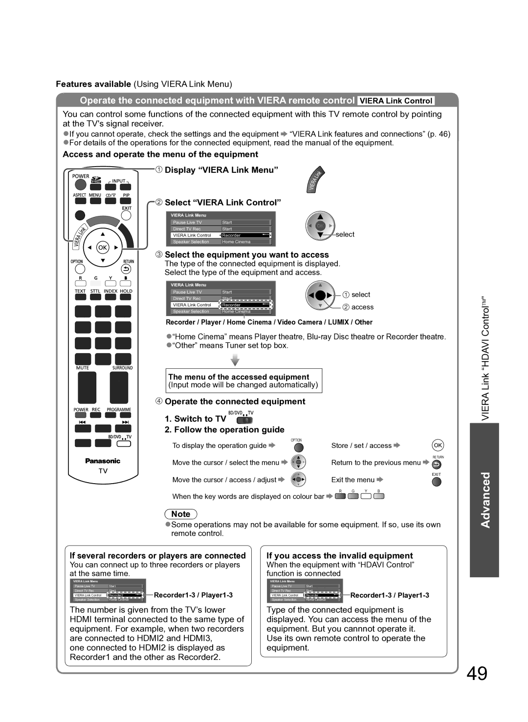 Panasonic TH-P54Z10H Select Viera Link Control, Select the equipment you want to access, Menu of the accessed equipment 