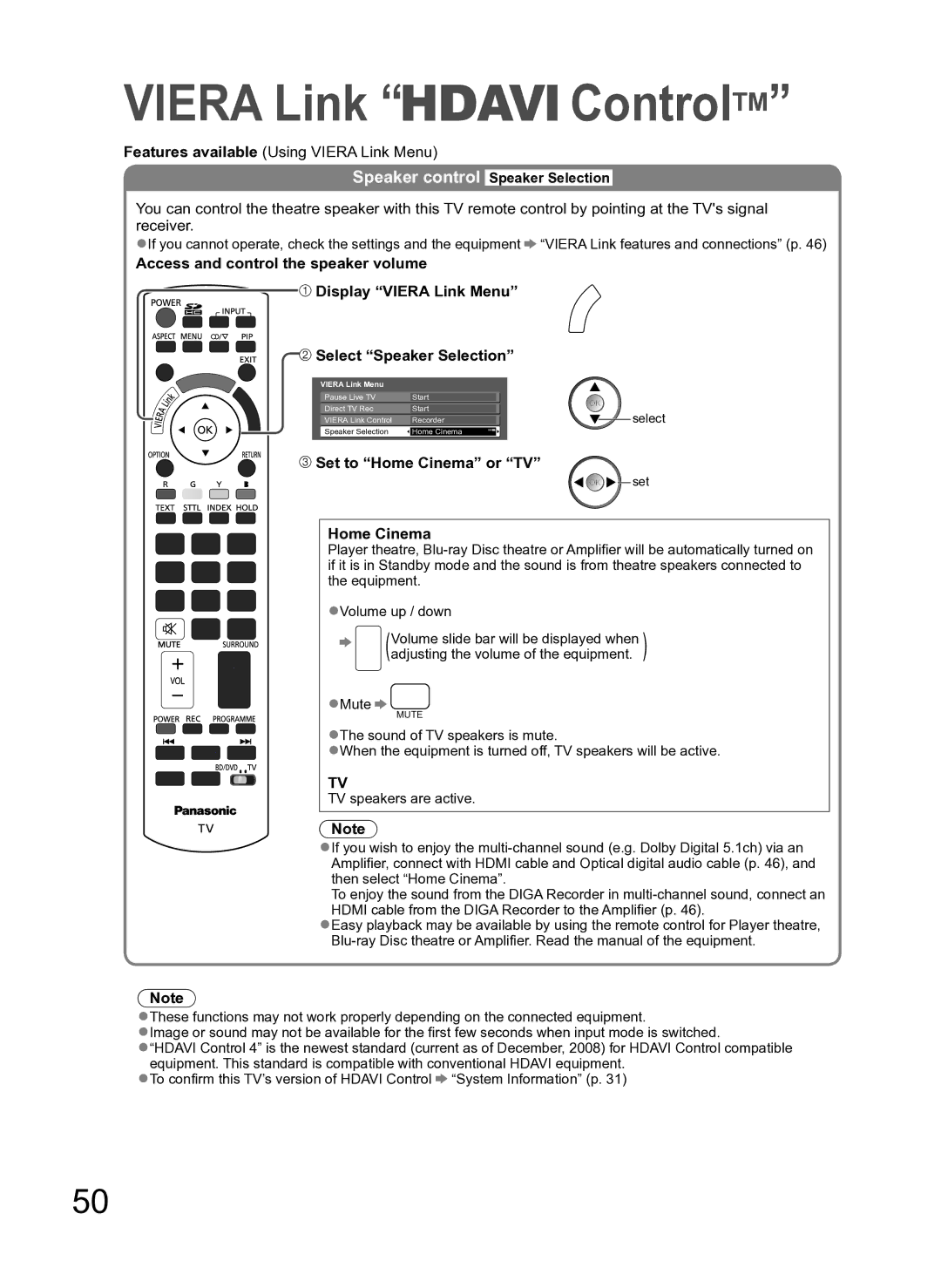 Panasonic TH-P54Z10H manual Select Speaker Selection, Set to Home Cinema or TV, Speaker control Speaker Selection 