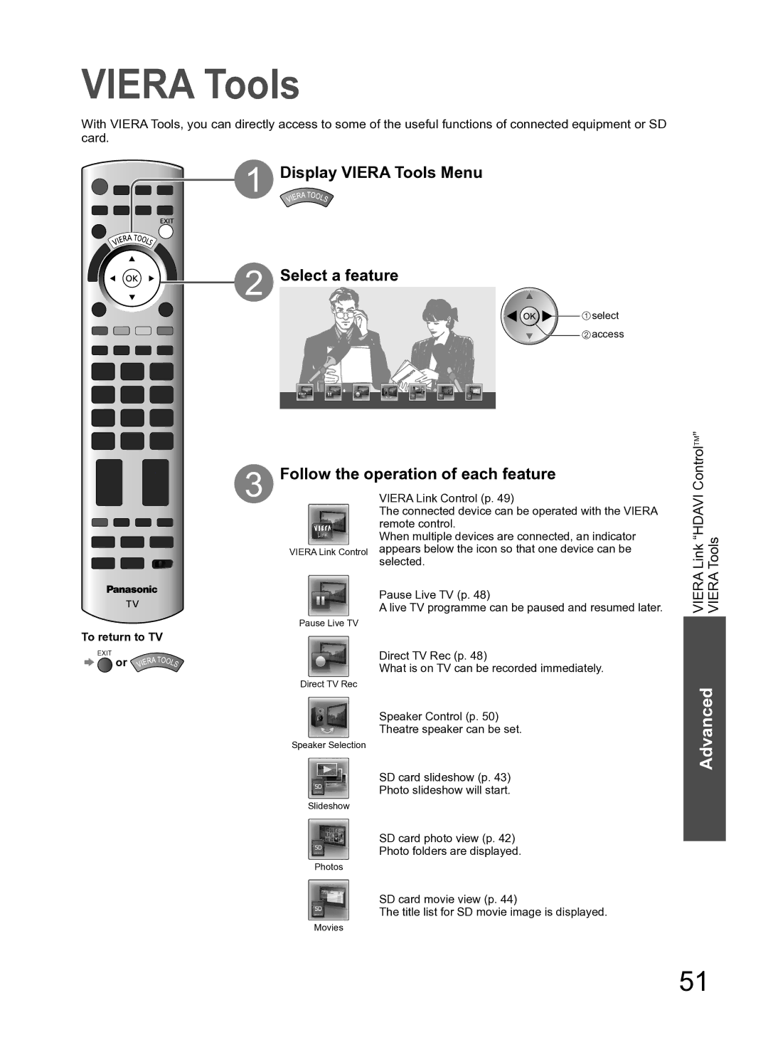 Panasonic TH-P54Z10H manual Display Viera Tools Menu, Select a feature, Follow the operation of each feature 