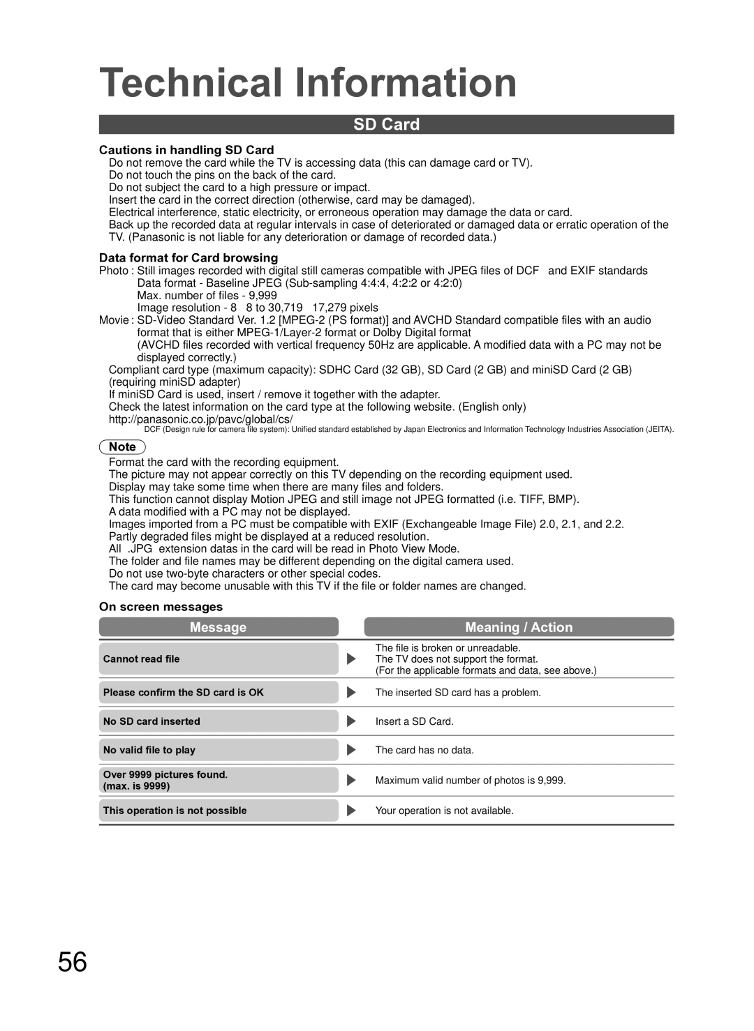 Panasonic TH-P54Z10H manual SD Card, Message Meaning / Action, Data format for Card browsing, On screen messages 