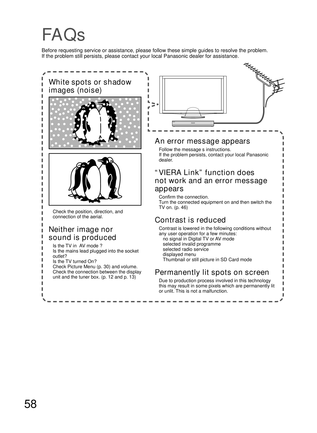 Panasonic TH-P54Z10H manual FAQs, Check the position, direction, and connection of the aerial 