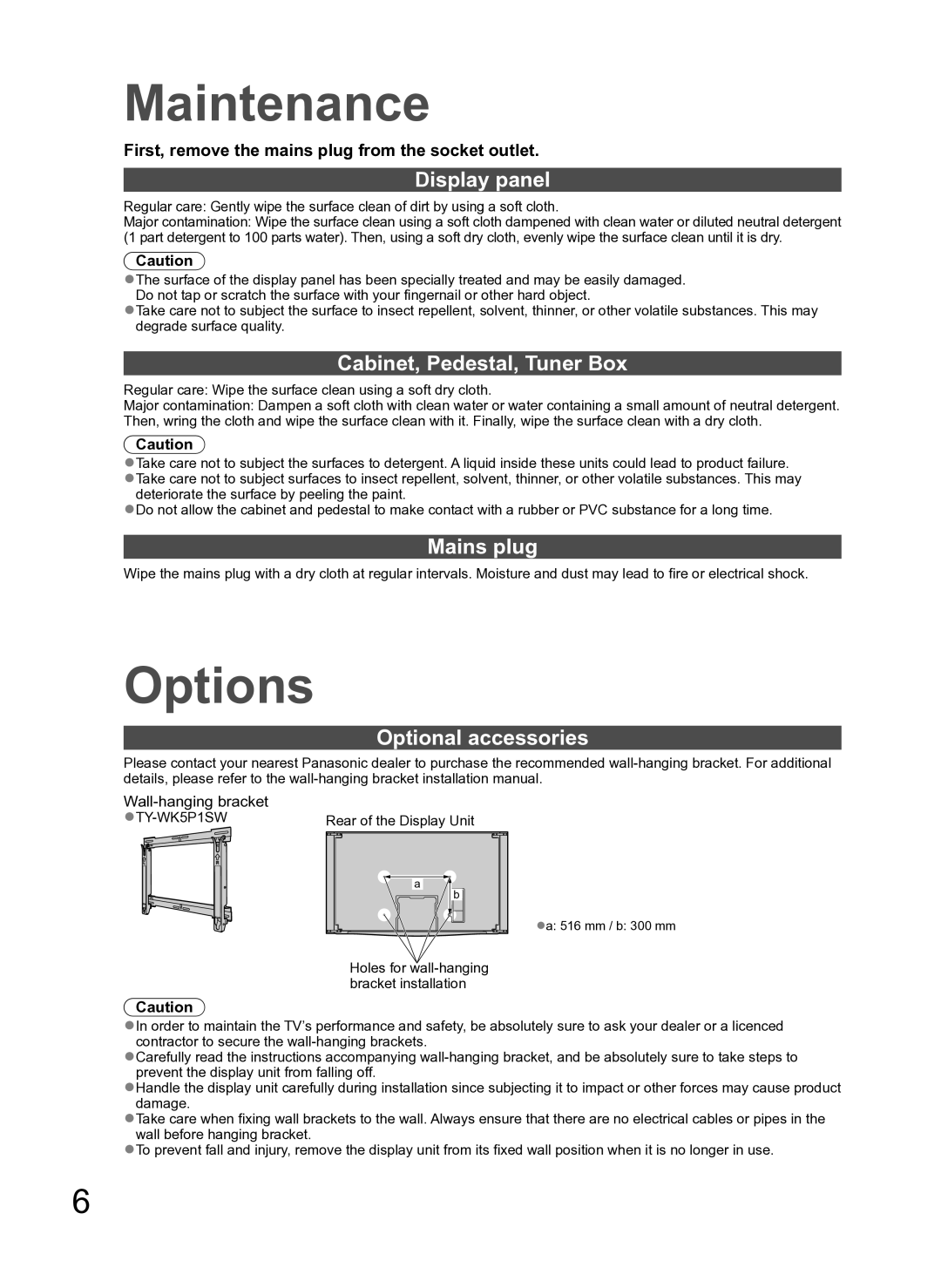 Panasonic TH-P54Z10H manual Maintenance, Options 