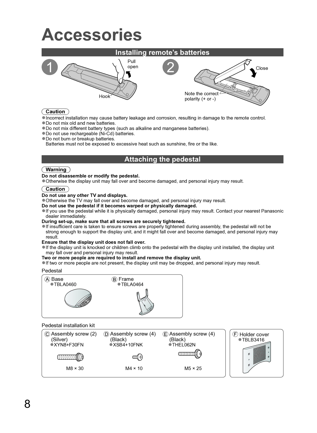 Panasonic TH-P54Z10H Installing remote’s batteries, Attaching the pedestal, Do not disassemble or modify the pedestal 