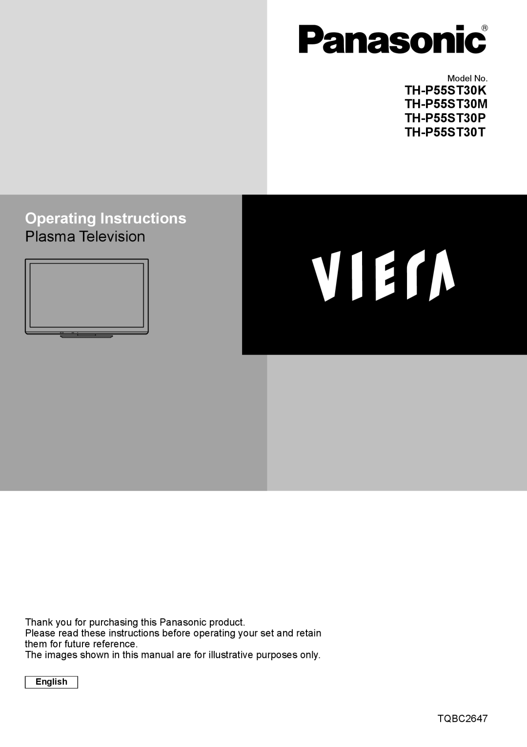 Panasonic TH-P55ST30P, TH-P55ST30T, TH-P55ST30K, TH-P55ST30M manual Operating Instructions, TQBC2647 