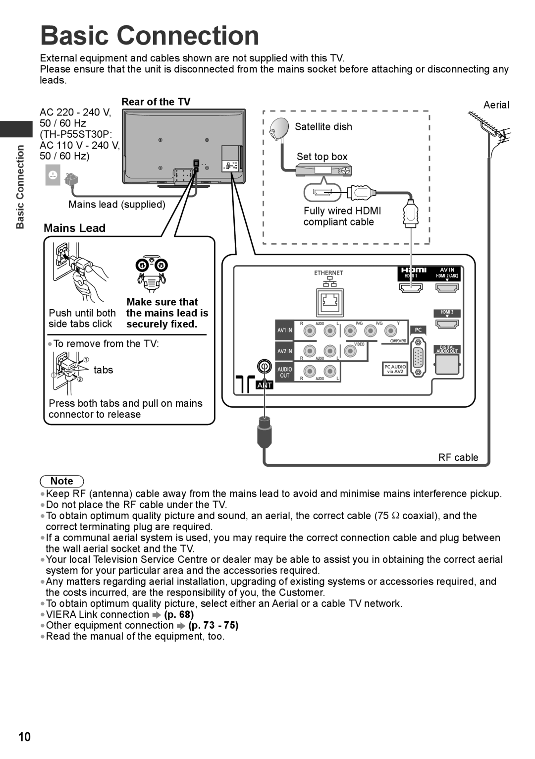 Panasonic TH-P55ST30K, TH-P55ST30T, TH-P55ST30P, TH-P55ST30M manual Basic Connection, Mains Lead 