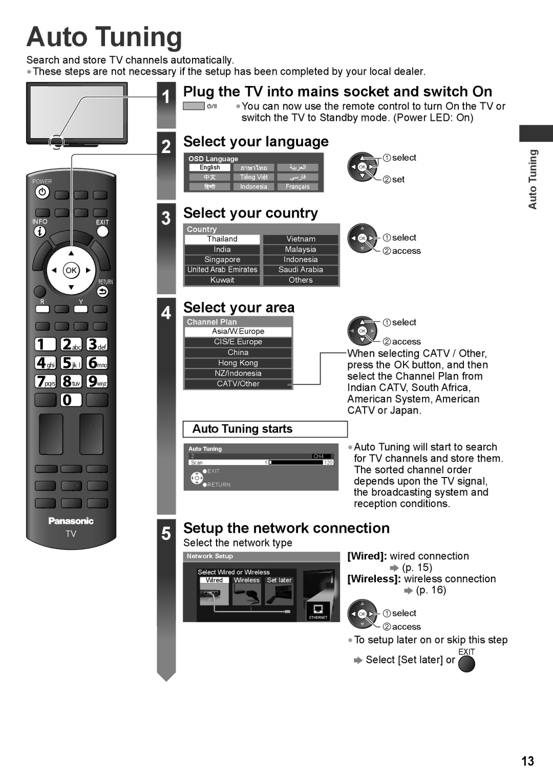 Panasonic TH-P55ST30P, TH-P55ST30T manual Auto Tuning, Plug the TV into mains socket and switch On, Select your language 