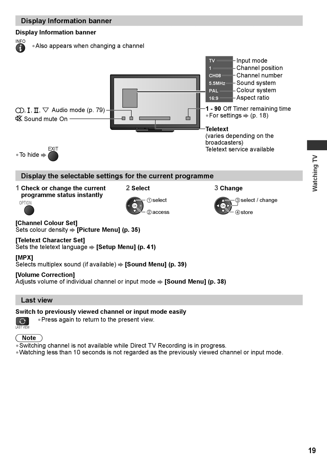 Panasonic TH-P55ST30M Display Information banner, Display the selectable settings for the current programme, Last view 