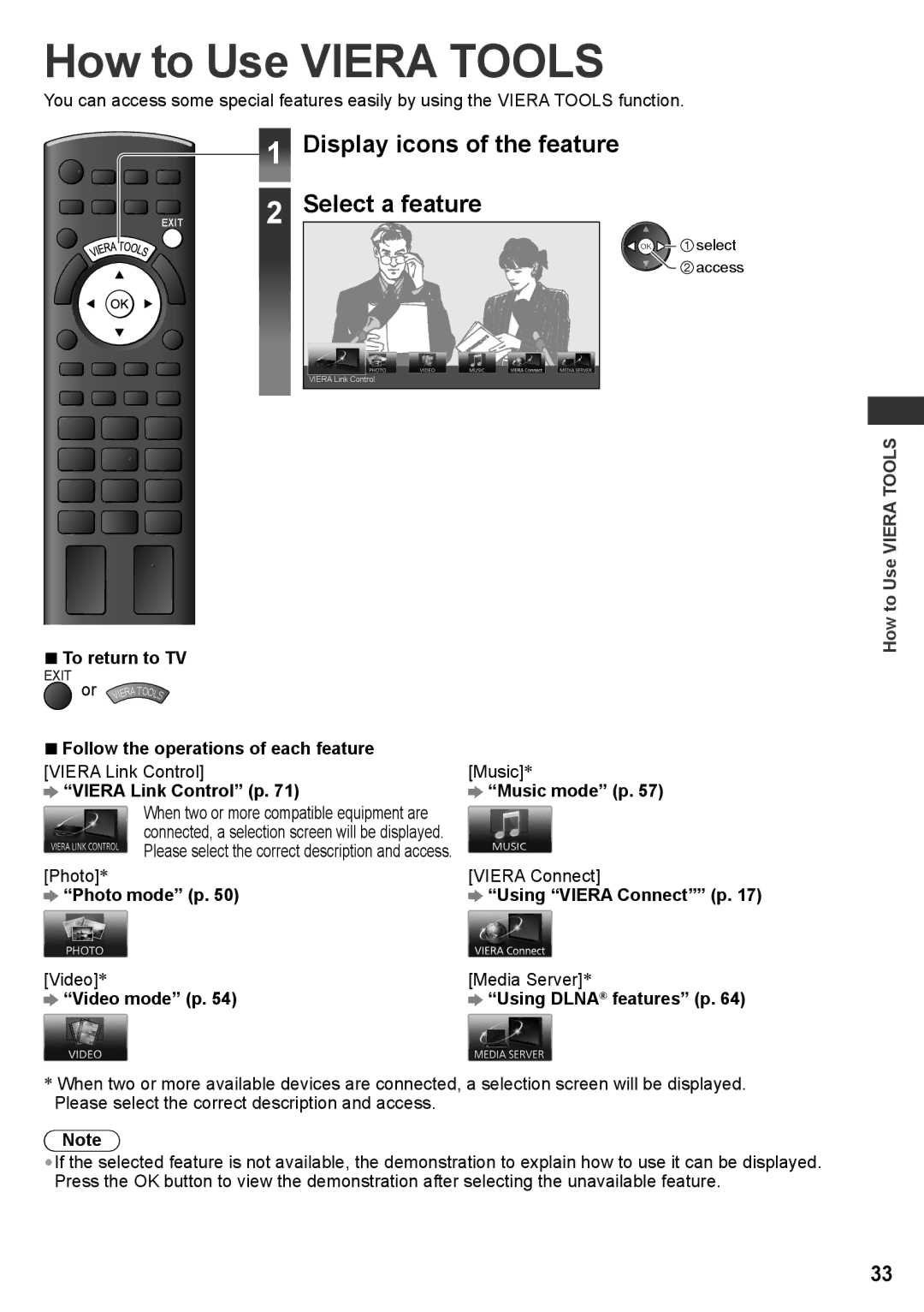 Panasonic TH-P55ST30P, TH-P55ST30T, TH-P55ST30K manual How to Use Viera Tools, Display icons of the feature, Select a feature 