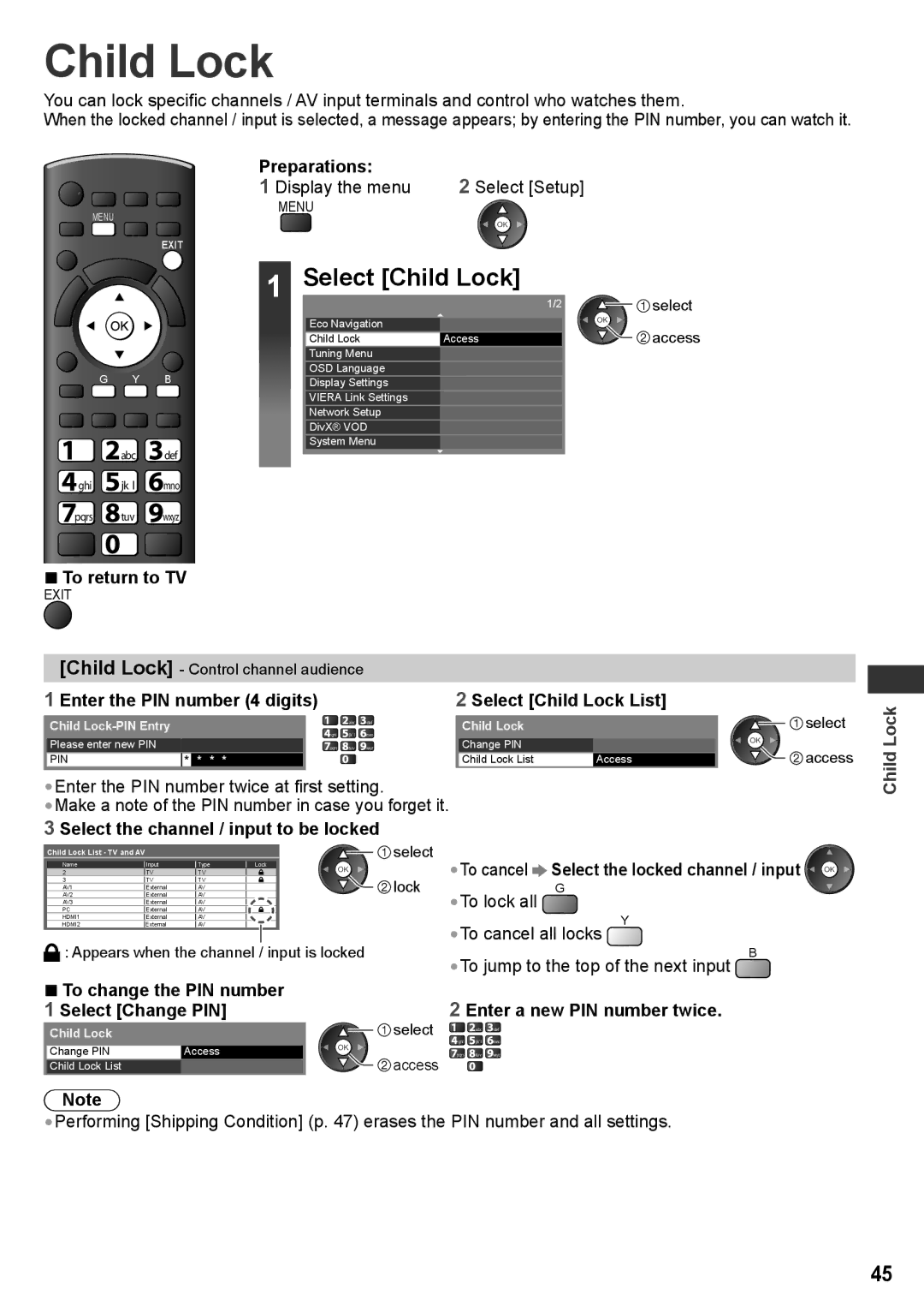 Panasonic TH-P55ST30P, TH-P55ST30T, TH-P55ST30K Preparations, Enter the PIN number 4 digits Select Child Lock List 