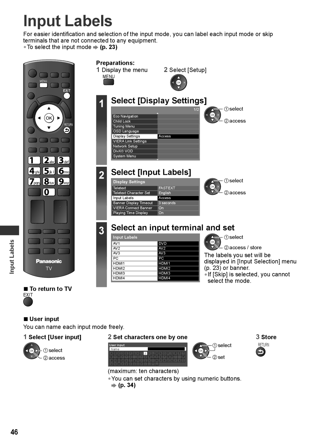 Panasonic TH-P55ST30K, TH-P55ST30T manual Select Display Settings, Select Input Labels, Select an input terminal and set 