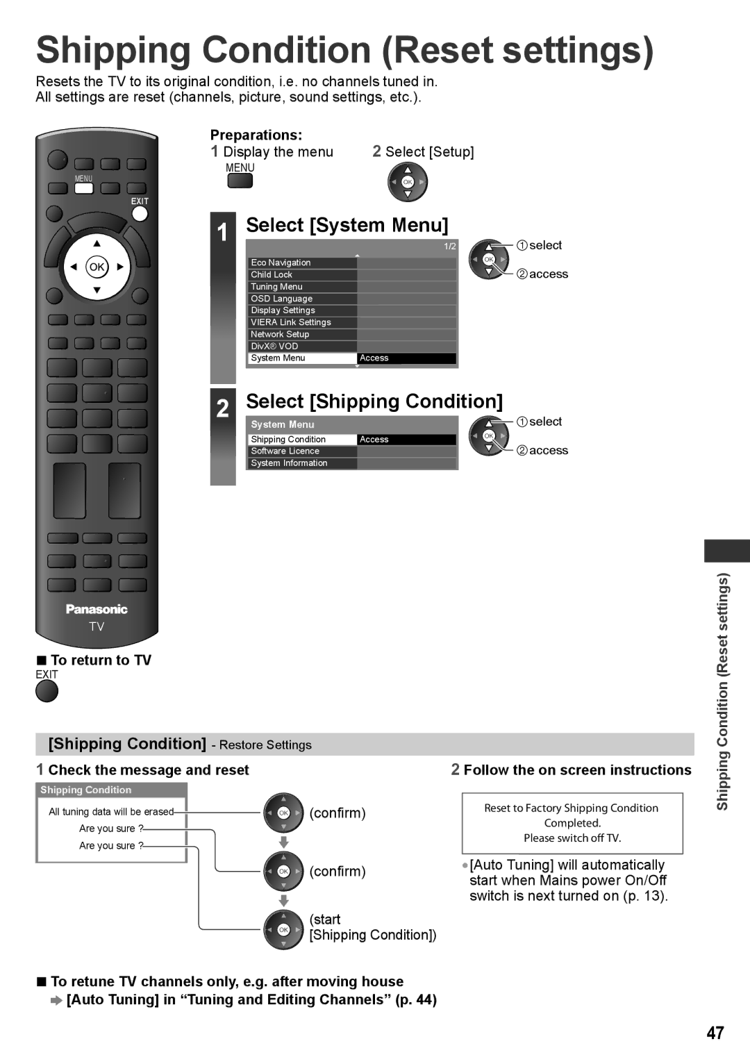 Panasonic TH-P55ST30M manual Shipping Condition Reset settings, Select System Menu, Shipping Condition Restore Settings 