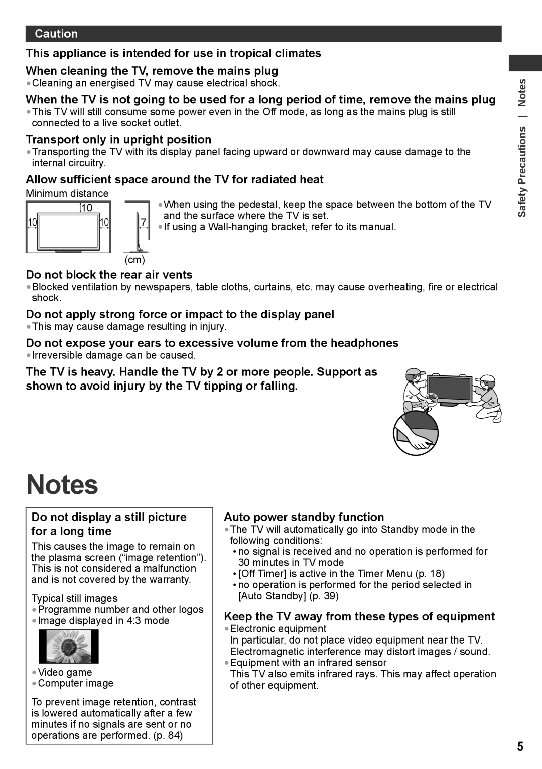 Panasonic TH-P55ST30P manual Transport only in upright position, Allow sufficient space around the TV for radiated heat 