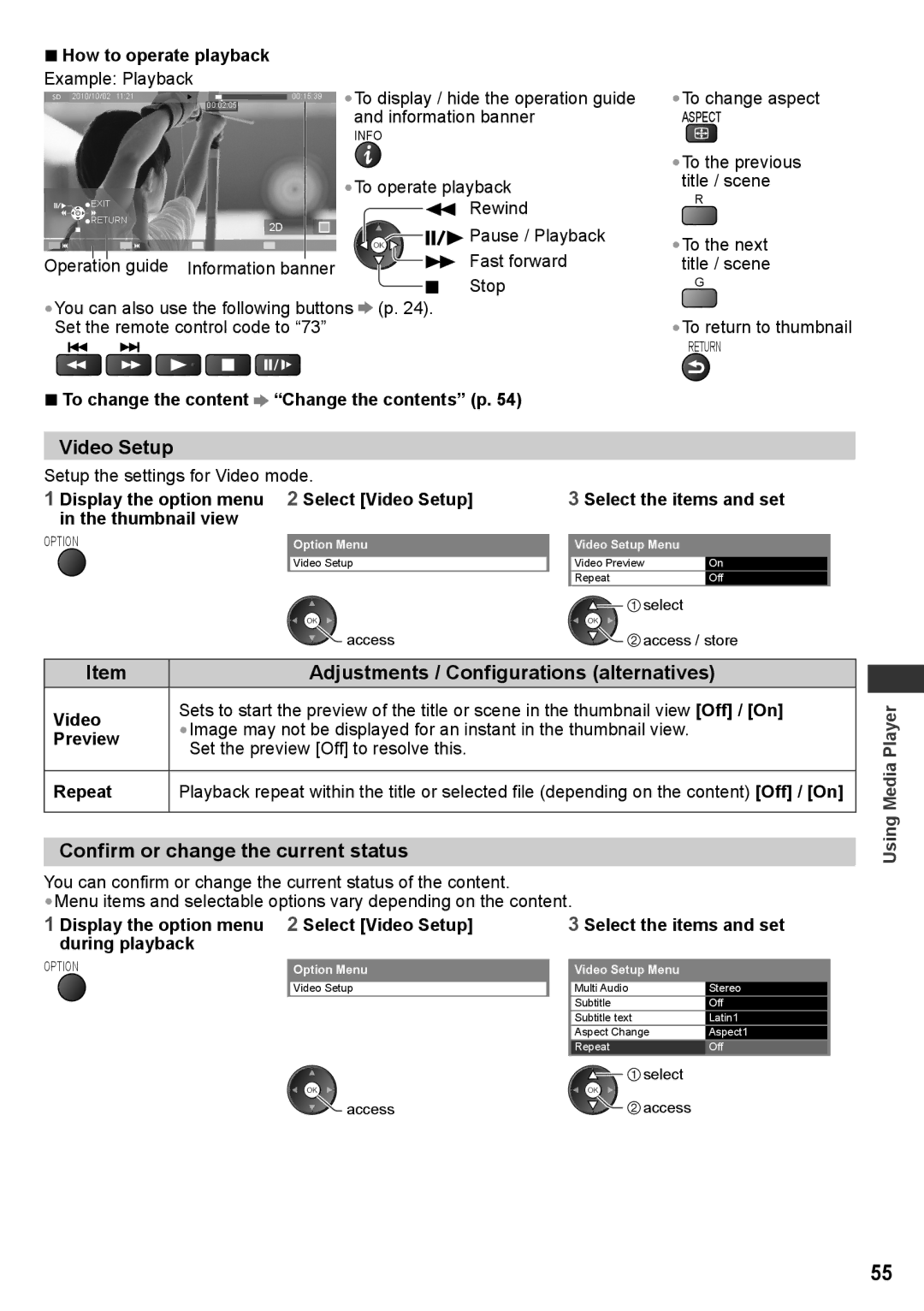 Panasonic TH-P55ST30M, TH-P55ST30T, TH-P55ST30P Video Setup, Confirm or change the current status, How to operate playback 