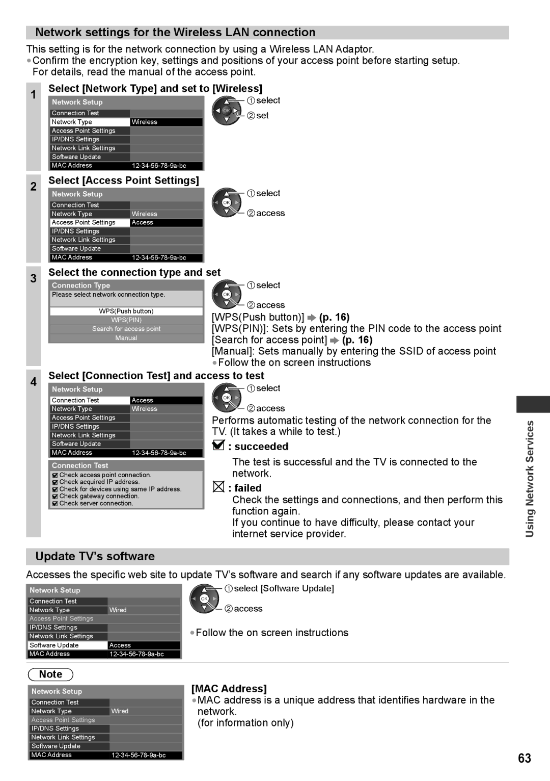 Panasonic TH-P55ST30M, TH-P55ST30T, TH-P55ST30P manual Network settings for the Wireless LAN connection, Update TV’s software 