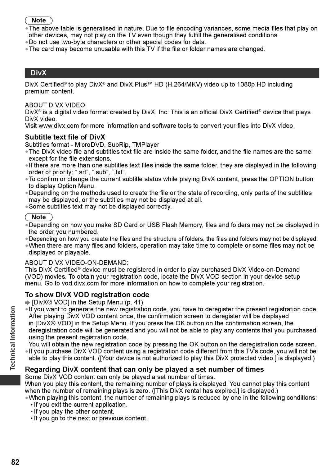 Panasonic TH-P55ST30K, TH-P55ST30T, TH-P55ST30P manual Subtitle text file of DivX, To show DivX VOD registration code 