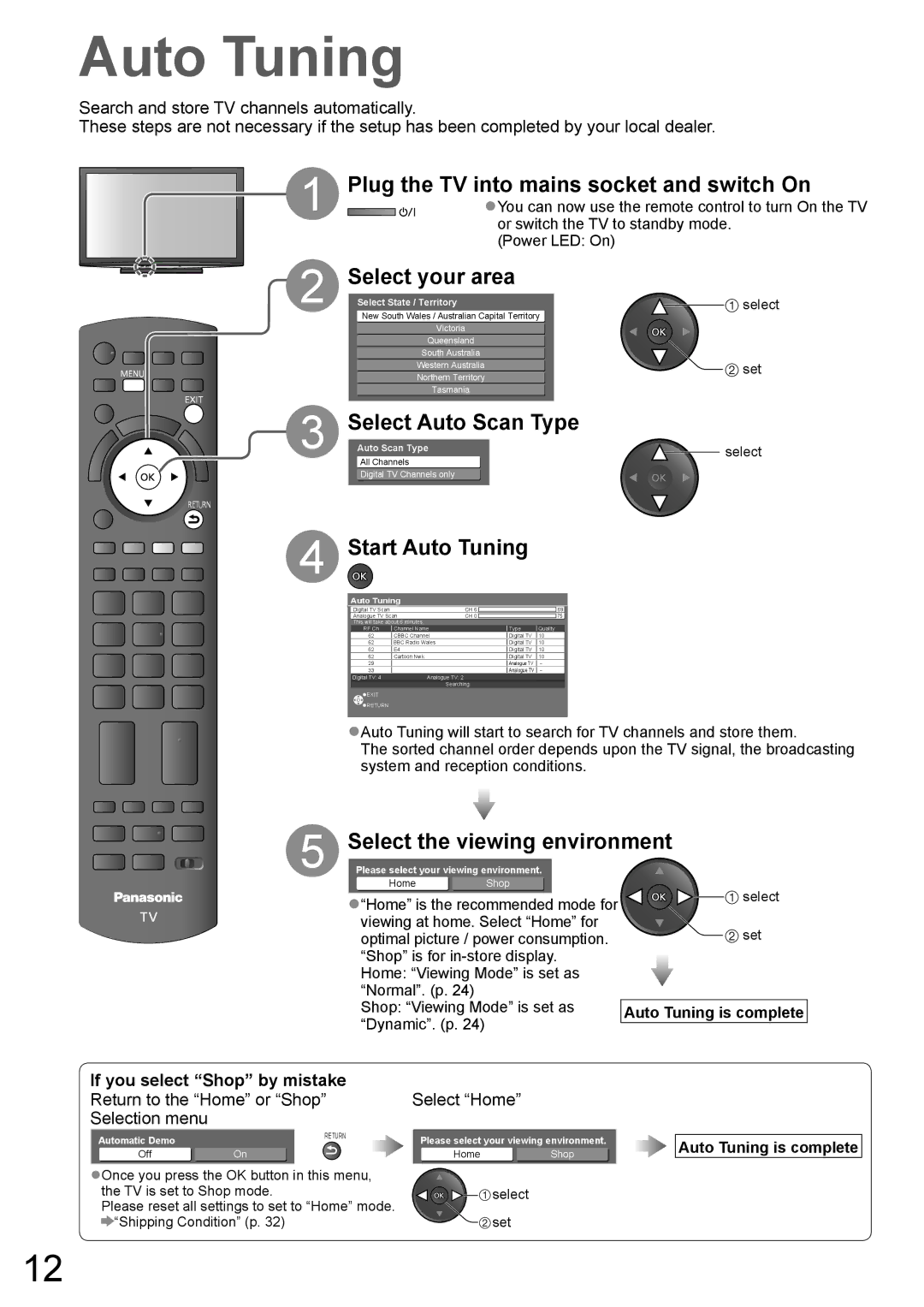 Panasonic TH-P65V10A Auto Tuning, Plug the TV into mains socket and switch On, Select your area, Select Auto Scan Type 