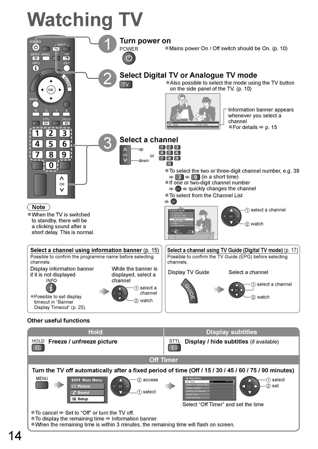 Panasonic TH-P65V10A, TH-P58V10A manual Watching TV, Turn power on, Select Digital TV or Analogue TV mode, Select a channel 