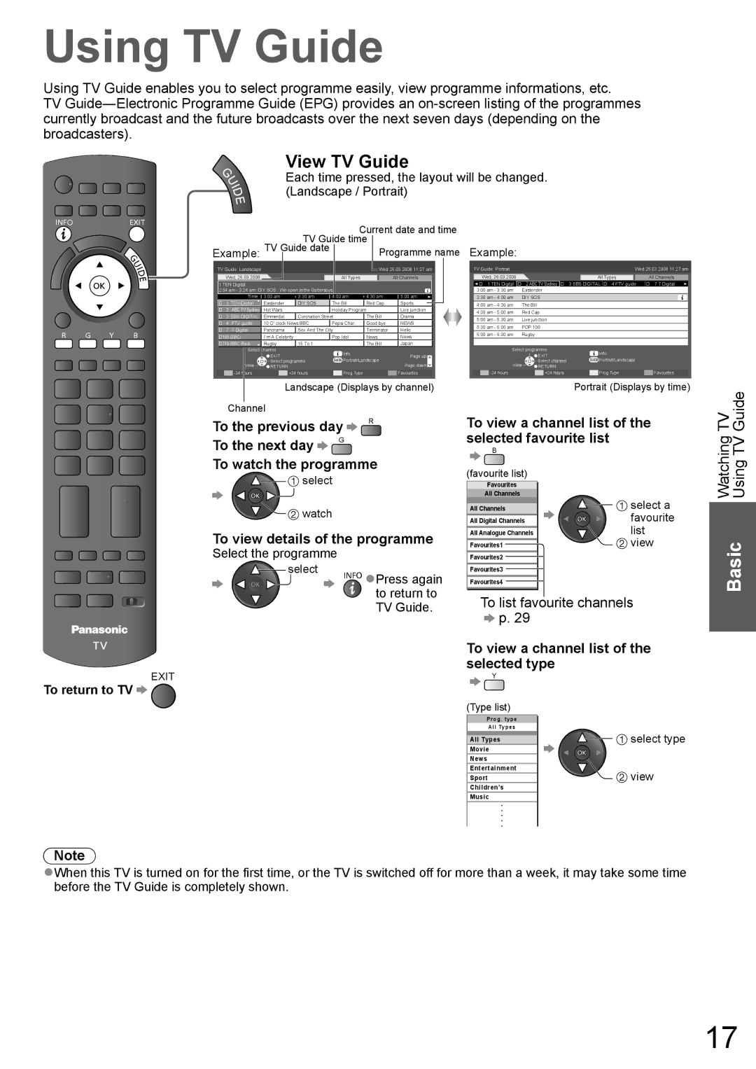 Panasonic TH-P58V10A, TH-P65V10A Using TV Guide, View TV Guide, To the previous day To the next day To watch the programme 