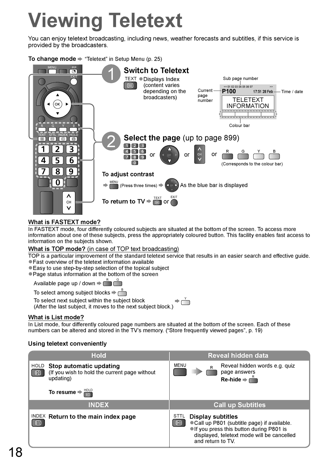 Panasonic TH-P65V10A, TH-P58V10A manual Viewing Teletext, Select the page up to, Reveal hidden data, Call up Subtitles 