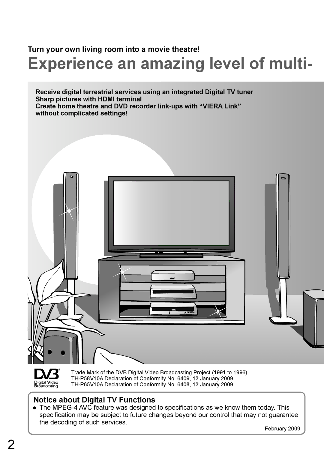 Panasonic TH-P65V10A, TH-P58V10A manual Turn your own living room into a movie theatre, February 