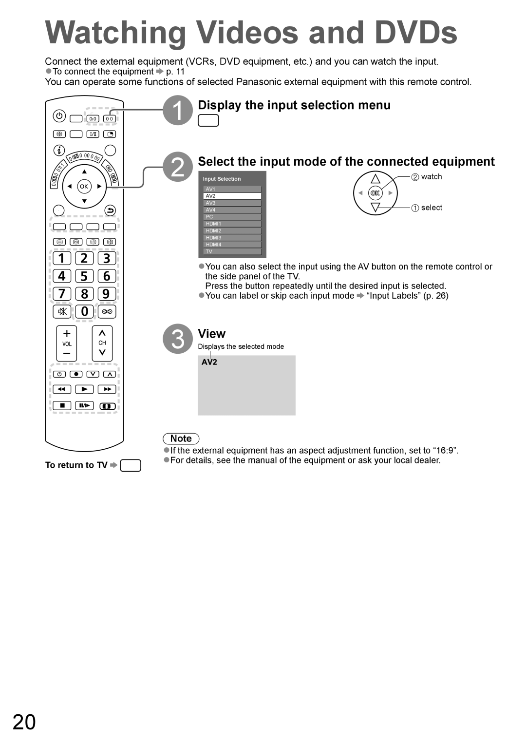 Panasonic TH-P65V10A, TH-P58V10A manual Watching Videos and DVDs, View 