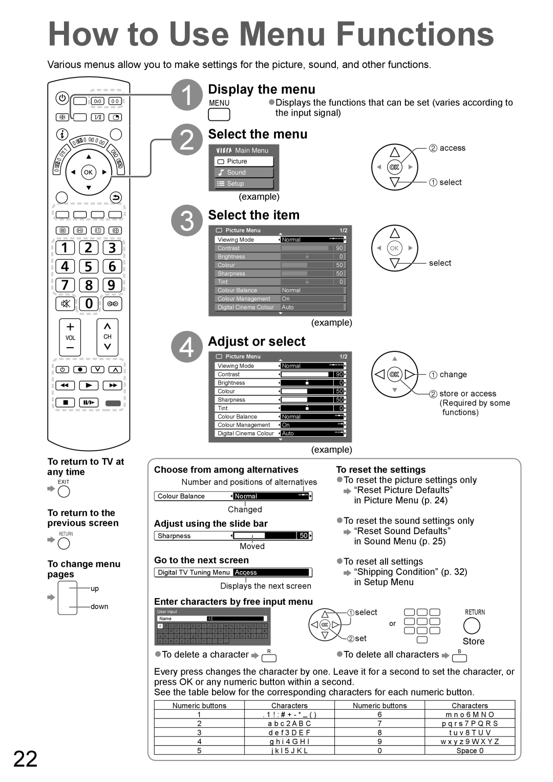 Panasonic TH-P65V10A manual How to Use Menu Functions, Display the menu, Select the menu, Select the item, Adjust or select 