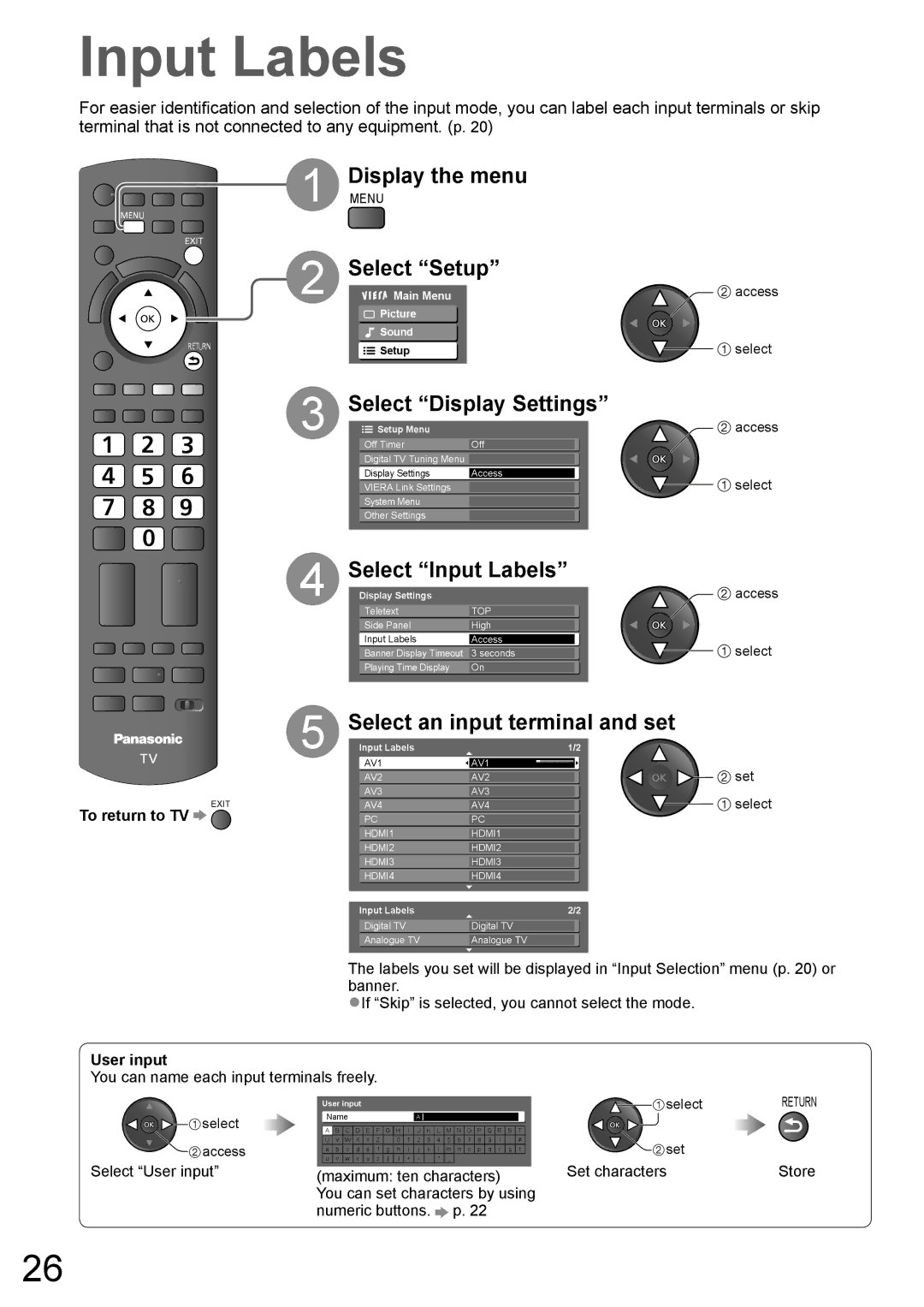 Panasonic TH-P65V10A Menu Select Setup, Select Display Settings, Select Input Labels, Select an input terminal and set 