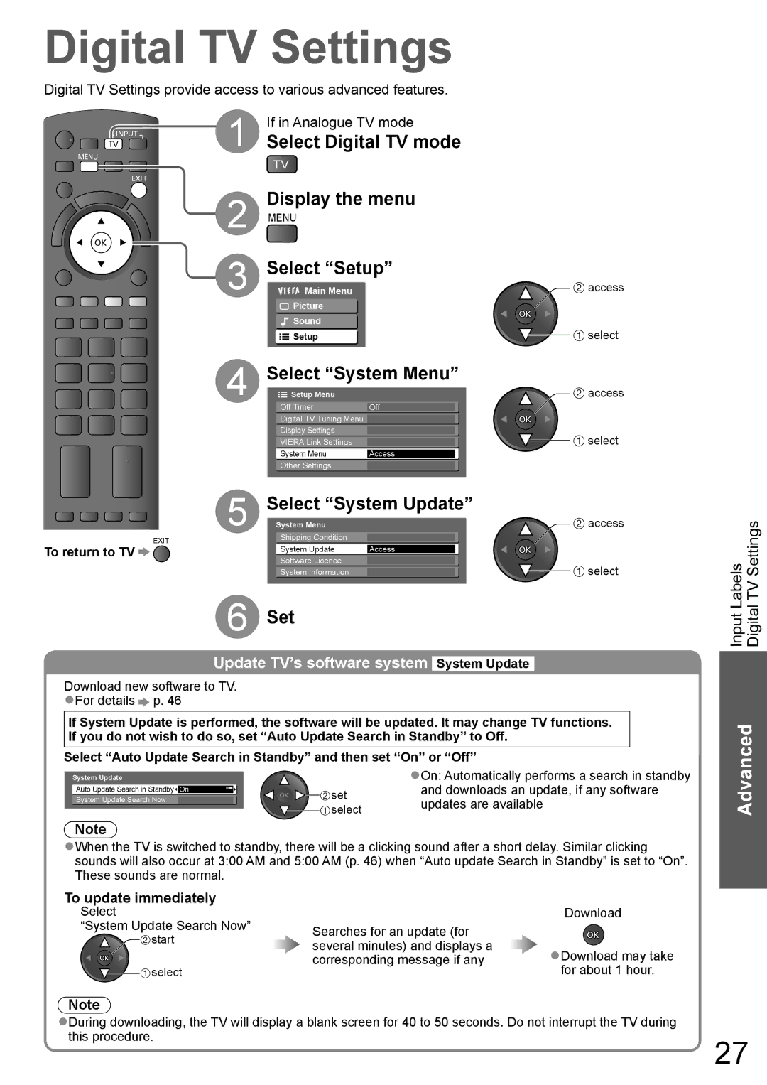 Panasonic TH-P58V10A, TH-P65V10A manual Digital TV Settings, Select Digital TV mode, Select Setup, Select System Menu 