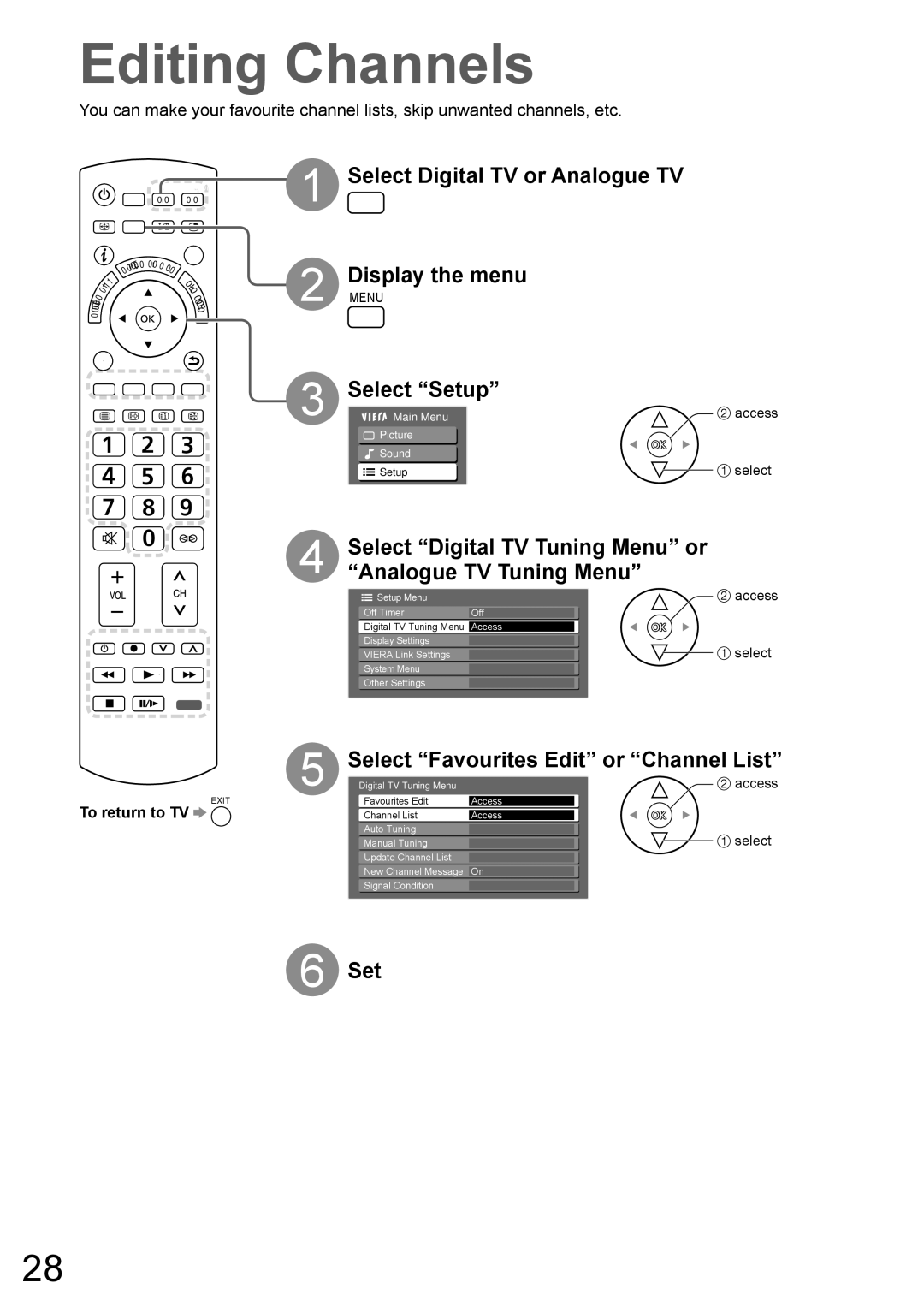 Panasonic TH-P65V10A, TH-P58V10A manual Editing Channels, Select Digital TV Tuning Menu or, Analogue TV Tuning Menu 