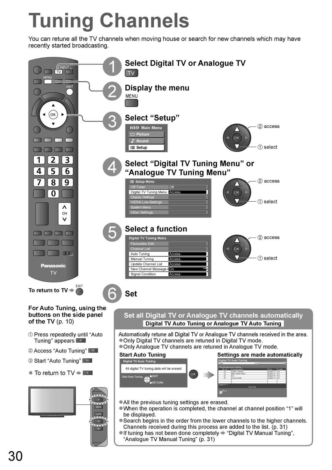 Panasonic TH-P65V10A Tuning Channels, Digital TV or Analogue TV, Select Digital TV Tuning Menu or Analogue TV Tuning Menu 