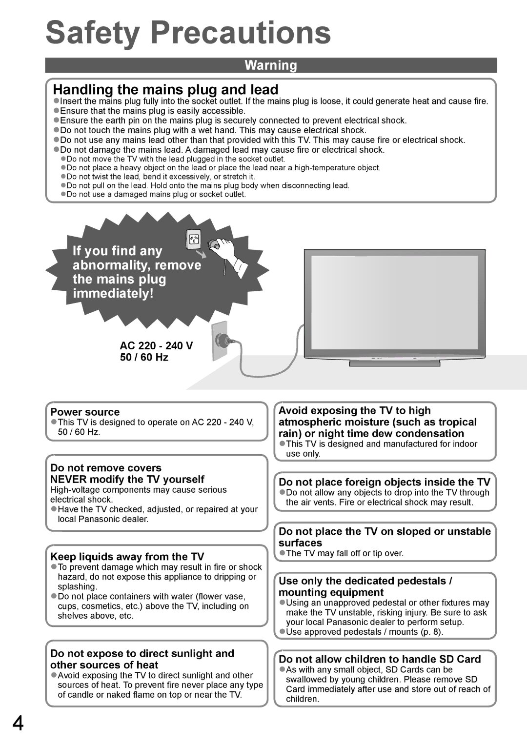 Panasonic TH-P65V10A, TH-P58V10A manual Safety Precautions, This TV is designed to operate on AC 220 240 V, 50 / 60 Hz 