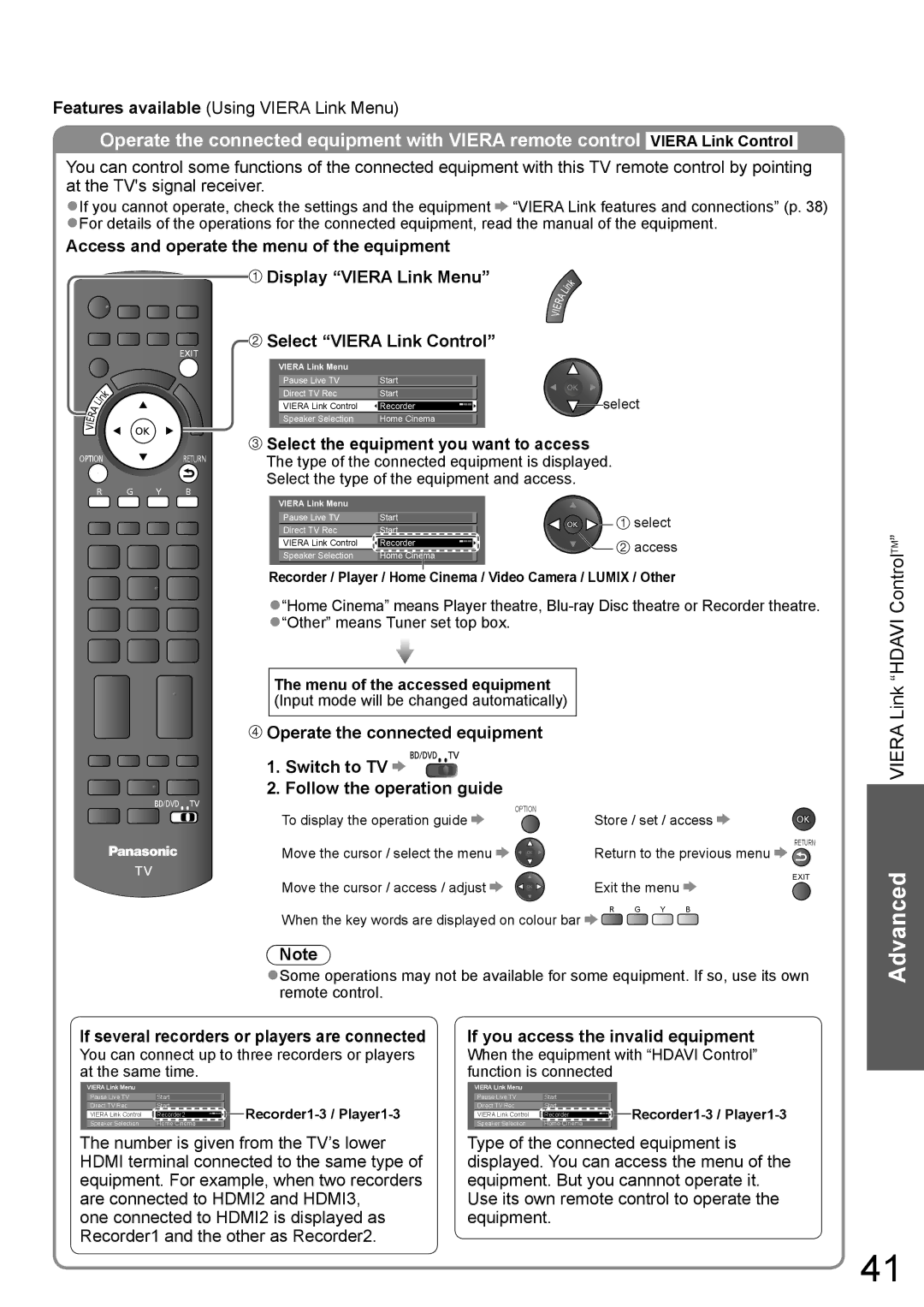 Panasonic TH-P58V10A Select Viera Link Control, Select the equipment you want to access, Menu of the accessed equipment 