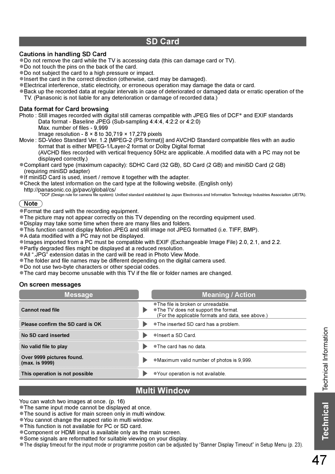 Panasonic TH-P58V10A SD Card, Multi Window, Message Meaning / Action, Data format for Card browsing, On screen messages 