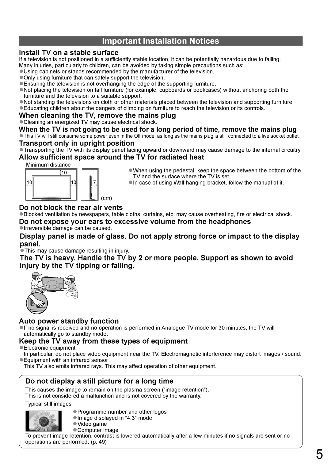 Panasonic TH-P58V10A, TH-P65V10A manual Important Installation Notices, Cleaning an energized TV may cause electrical shock 