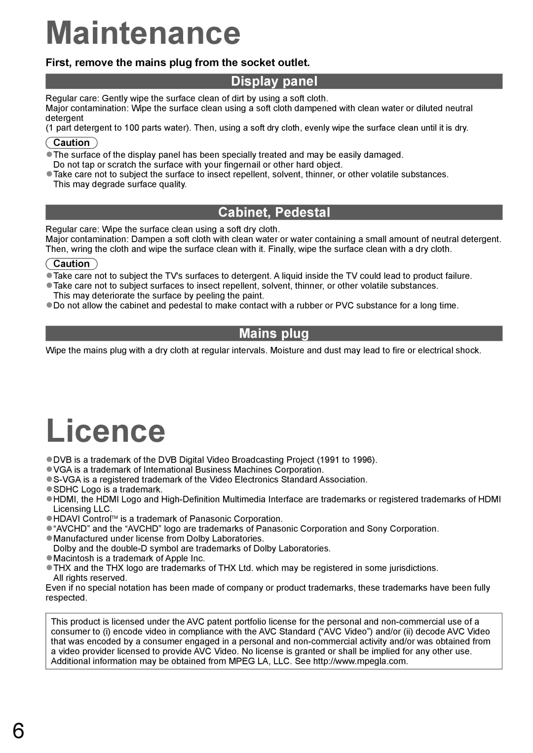 Panasonic TH-P65V10A, TH-P58V10A manual Maintenance, Licence, Display panel, Cabinet, Pedestal, Mains plug 