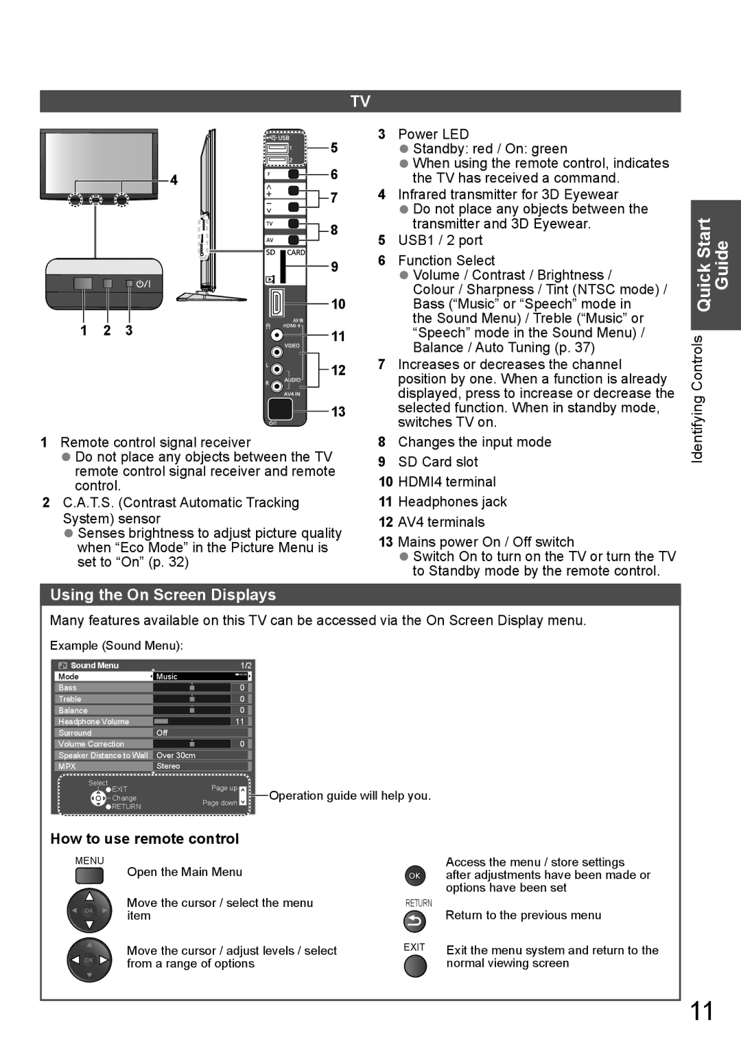 Panasonic TH-P65VT20T, TH-P65VT20P, TH-P65VT20K Quick Start Guide, Using the On Screen Displays, How to use remote control 