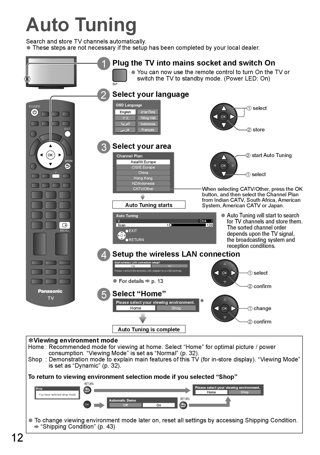 Panasonic TH-P65VT20K, TH-P65VT20P, TH-P65VT20T, TH-P65VT20M, TH-P65VT20D operating instructions Auto Tuning, Select your area 