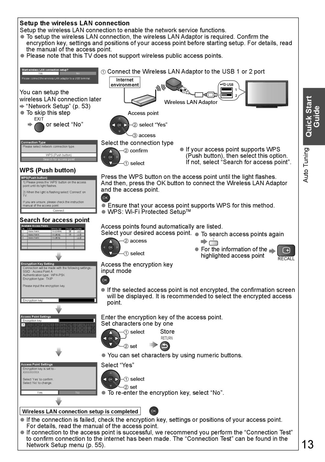 Panasonic TH-P65VT20M, TH-P65VT20P, TH-P65VT20T, TH-P65VT20K Setup the wireless LAN connection, Search for access point 