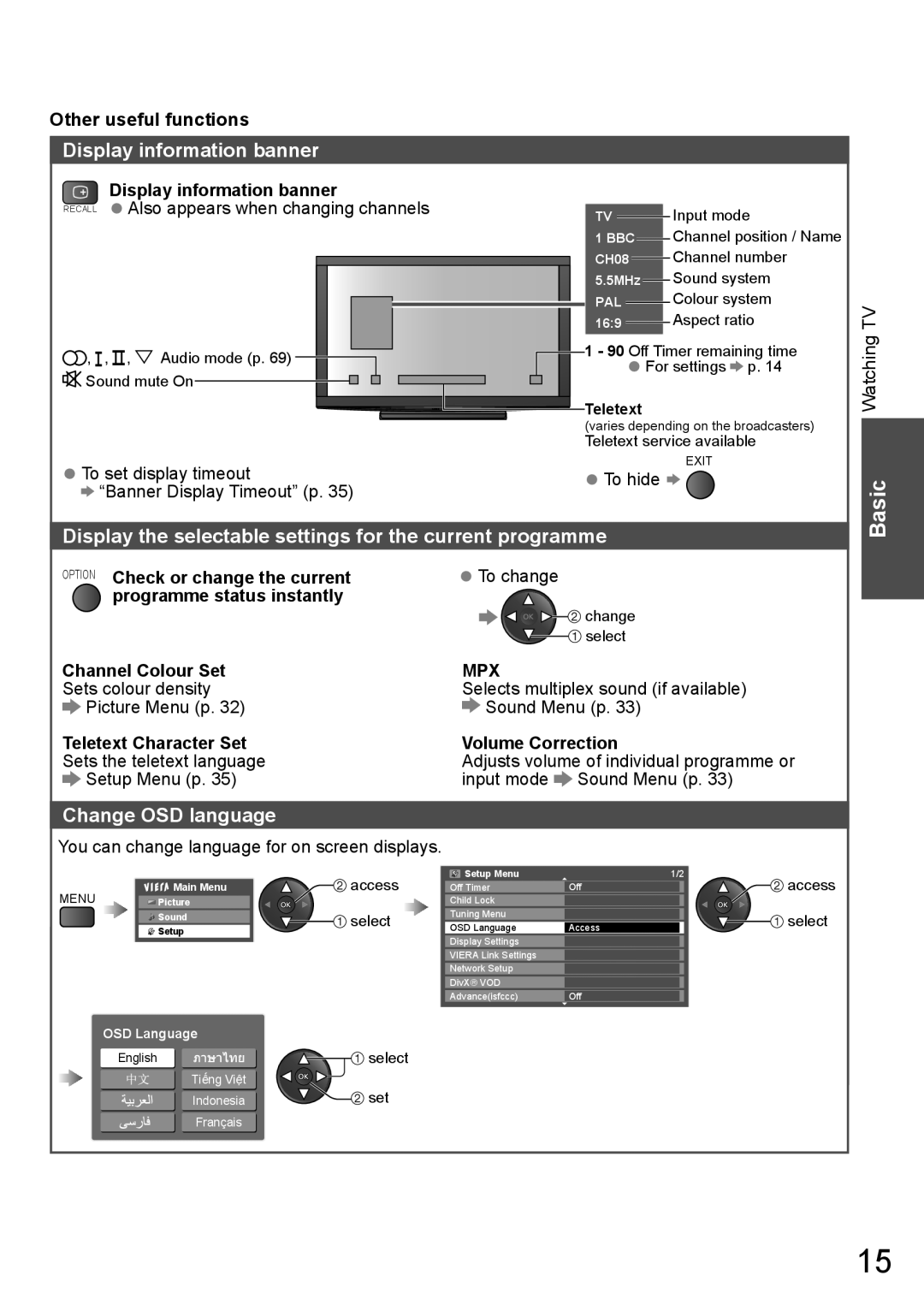 Panasonic TH-P65VT20P, TH-P65VT20T Display information banner, Display the selectable settings for the current programme 