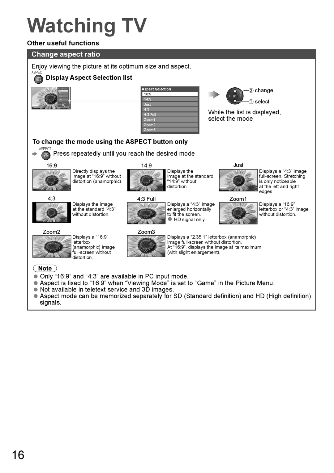 Panasonic TH-P65VT20T, TH-P65VT20P Change aspect ratio, Enjoy viewing the picture at its optimum size and aspect 