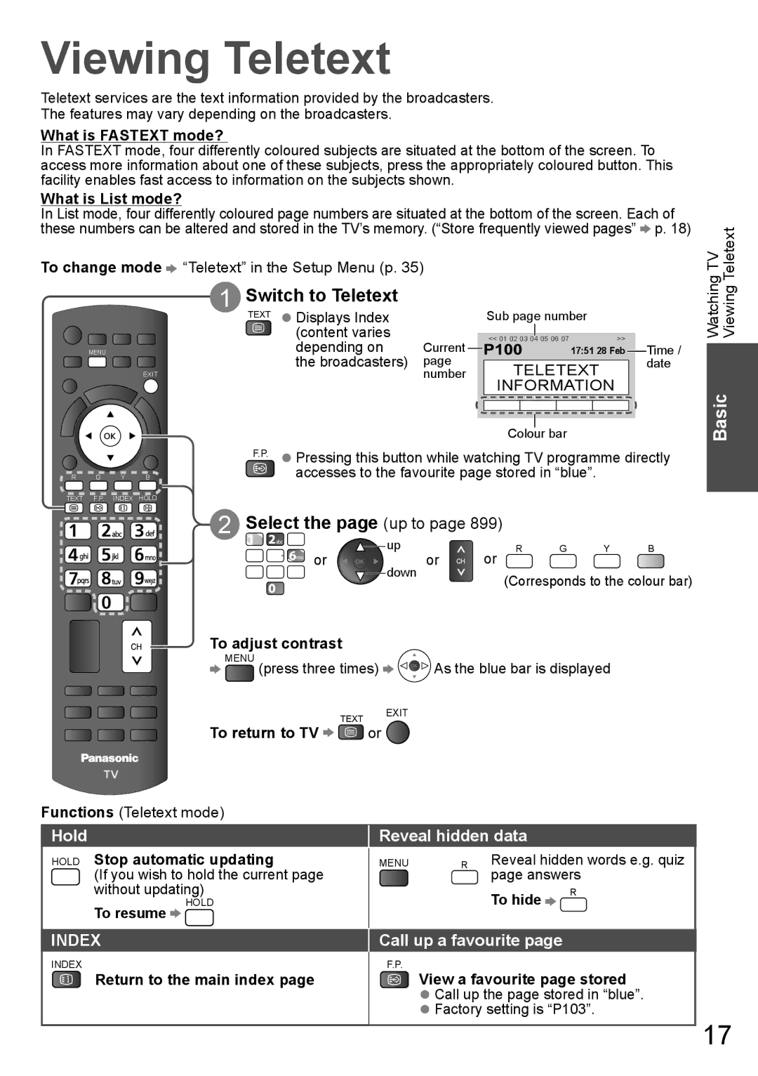 Panasonic TH-P65VT20K, TH-P65VT20P Viewing Teletext, Switch to Teletext, Select the page up to, Hold Reveal hidden data 