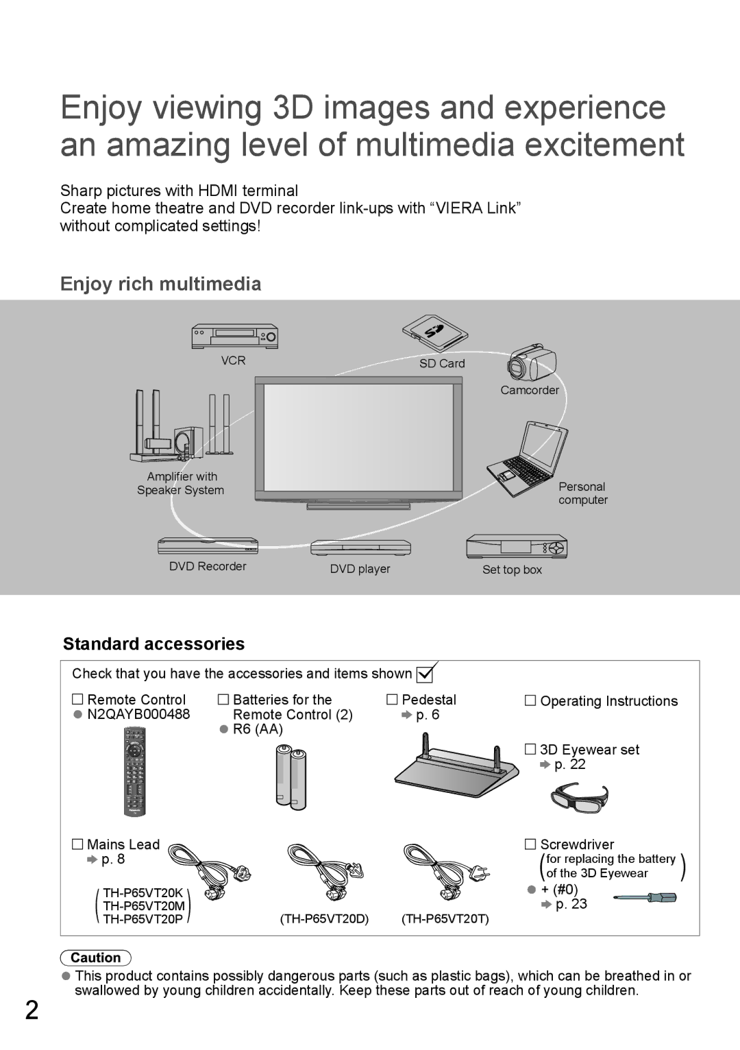 Panasonic TH-P65VT20K, TH-P65VT20P, TH-P65VT20T, TH-P65VT20M, TH-P65VT20D operating instructions Standard accessories, + #0 