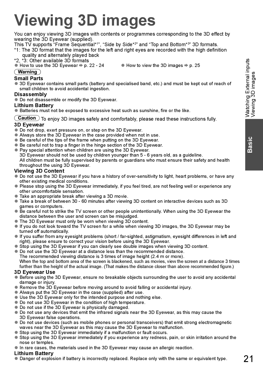 Panasonic TH-P65VT20T, TH-P65VT20P, TH-P65VT20K, TH-P65VT20M, TH-P65VT20D operating instructions Viewing 3D images 