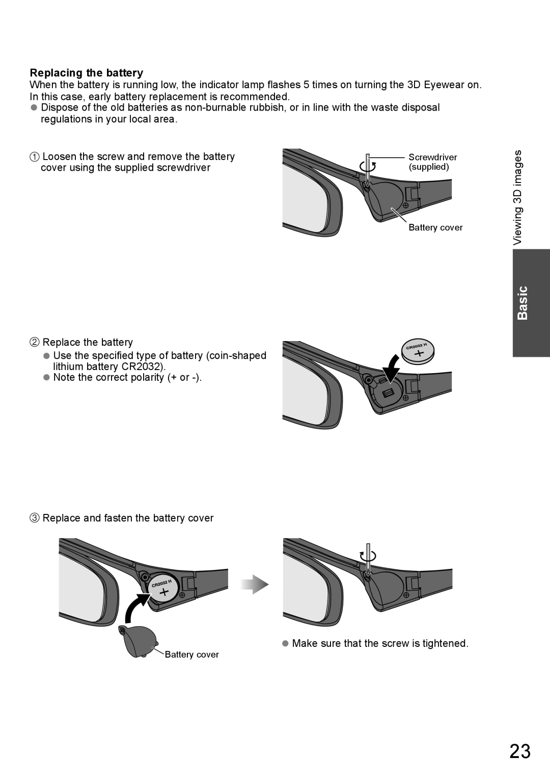 Panasonic TH-P65VT20M, TH-P65VT20P Basic, Replacing the battery, Cover using the supplied screwdriver, Viewing 3D images 