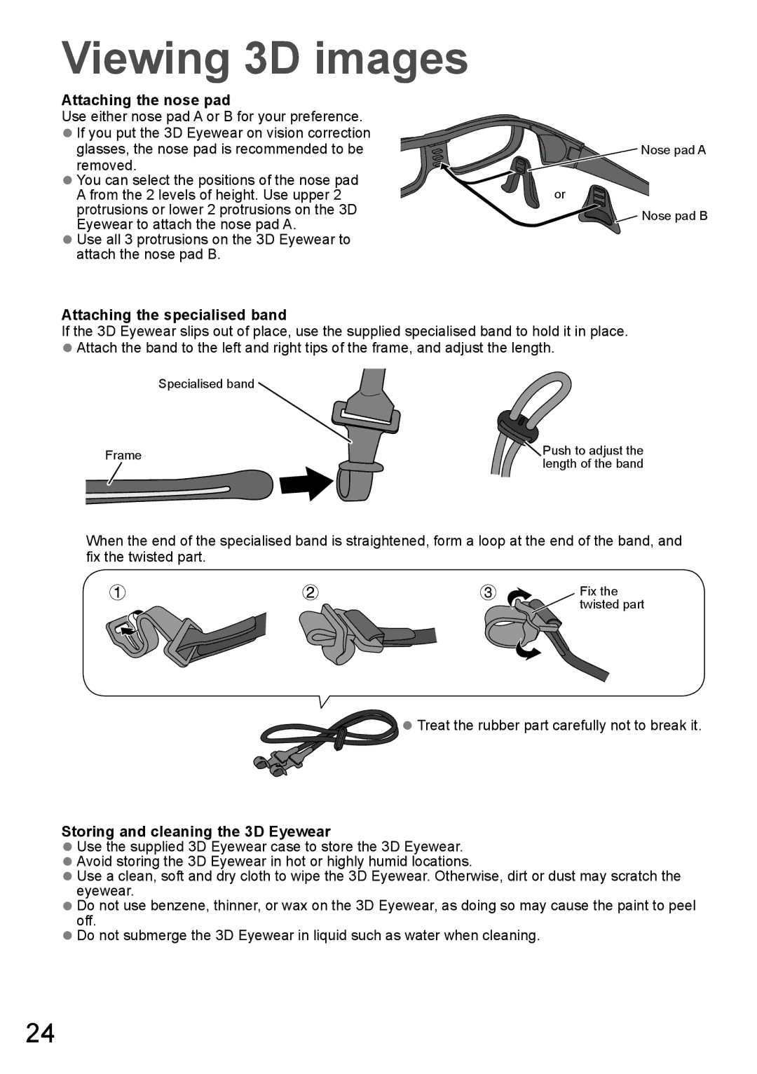 Panasonic TH-P65VT20D Attaching the nose pad, Attaching the specialised band, Storing and cleaning the 3D Eyewear 