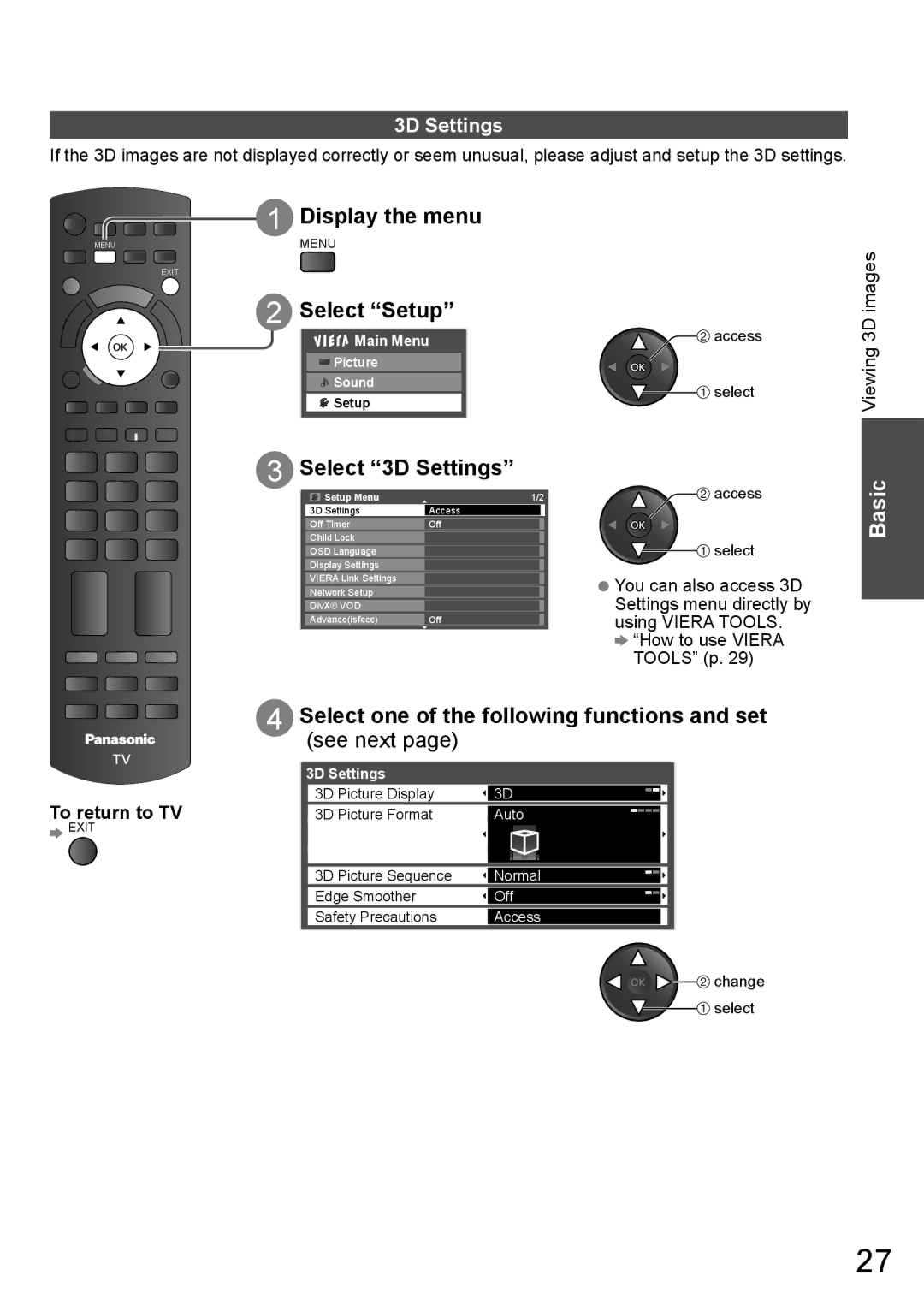 Panasonic TH-P65VT20K Display the menu, Select Setup, Select 3D Settings, Select one of the following functions and set 