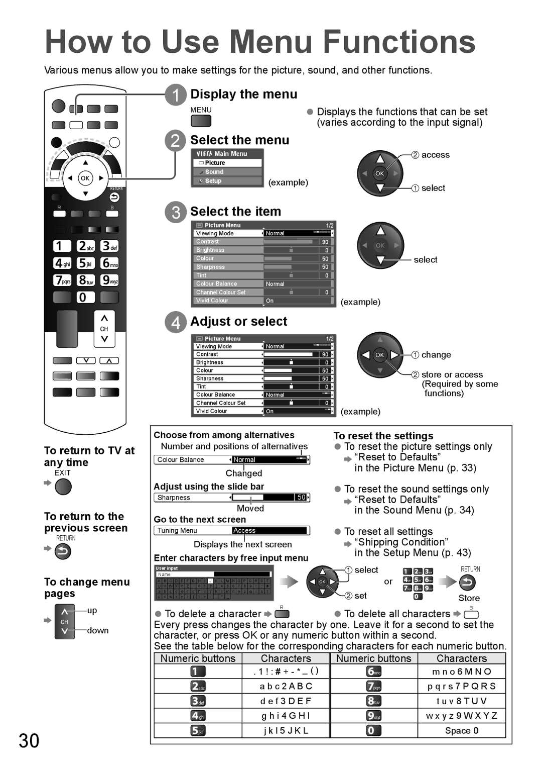 Panasonic TH-P65VT20P, TH-P65VT20T How to Use Menu Functions, Select the menu, Select the item, Adjust or select 