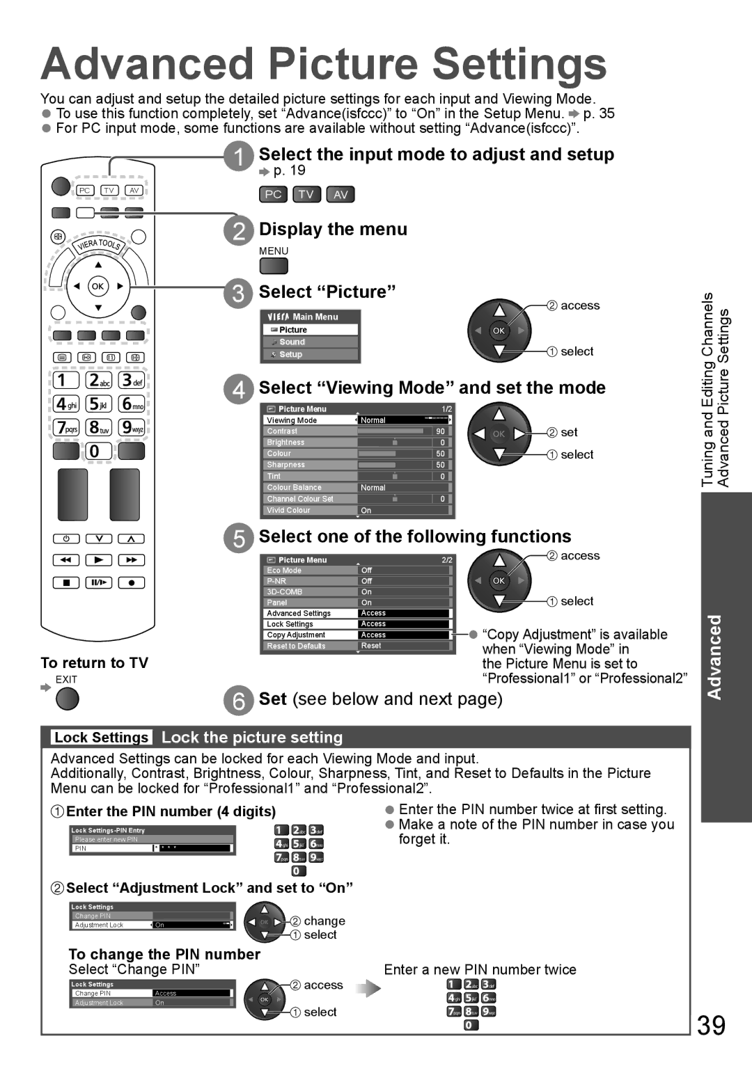 Panasonic TH-P65VT20D, TH-P65VT20P Advanced Picture Settings, Select the input mode to adjust and setup, Select Picture 